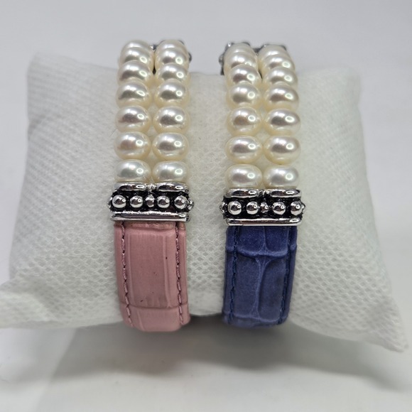 HONORA Set 2 Gen Leather Pearl Sterling Silver 925 Double Row Bracelet Pink Blue - Picture 7 of 11